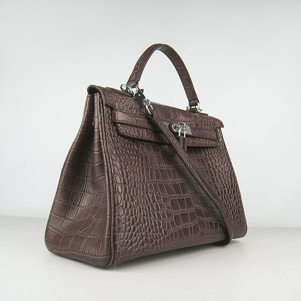 7A Replica Hermes Kelly 32cm Crocodile Veins Leather Bag Dark Coffee 6108